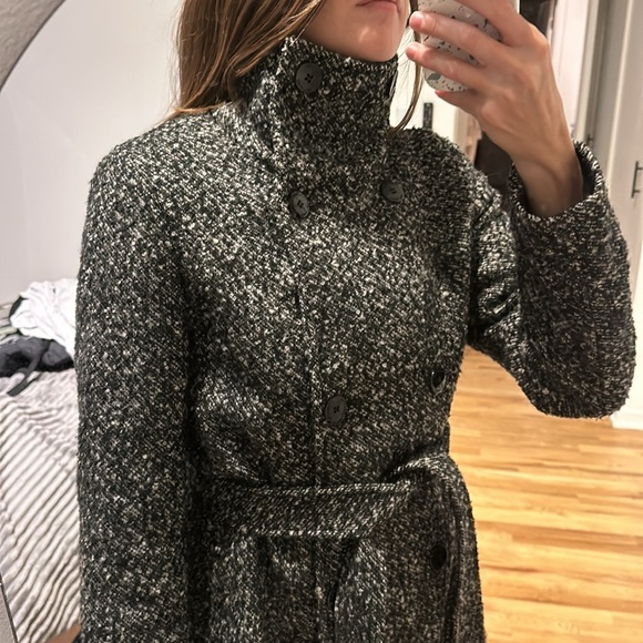 Calvin Klein Tweed Wool Winter Coat with Belt, Black and White Marled, Size XS/S - Picture 5 of 13